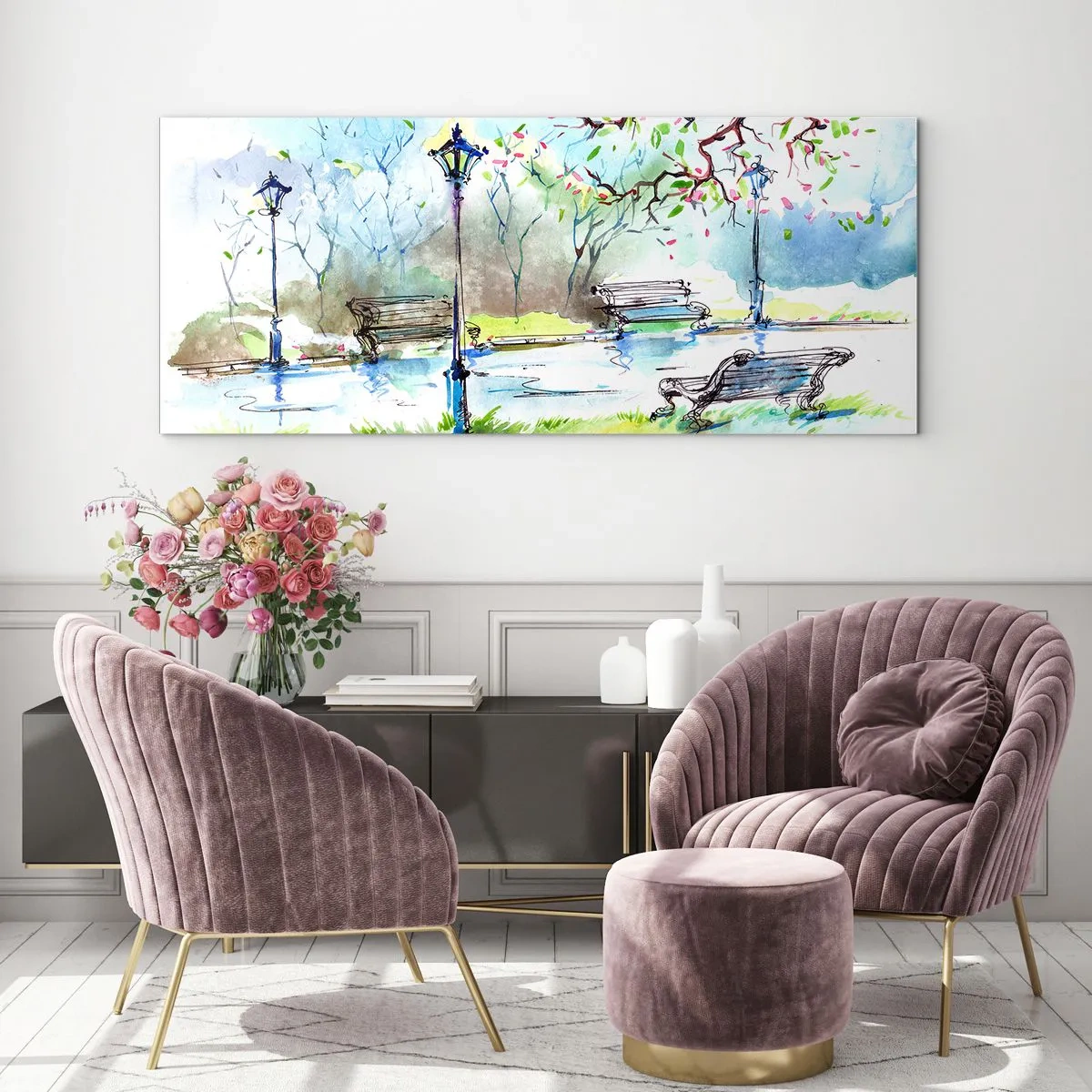 Tablou pe sticlă - Magia liniștii din parc - 140x50 cm