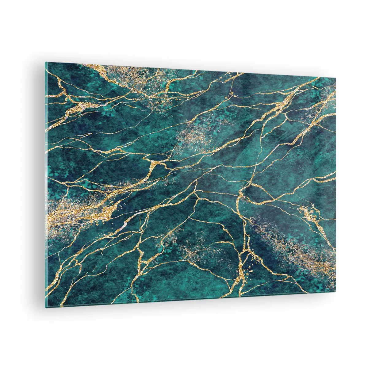 Tablou pe sticlă - Piatră marmorată cu vene aurii, nuanțe de turcoaz și verde - 70x50cm - Filon de aur - Decorațiune modernă pentru perete pentru living și dormitor ARTTOR
