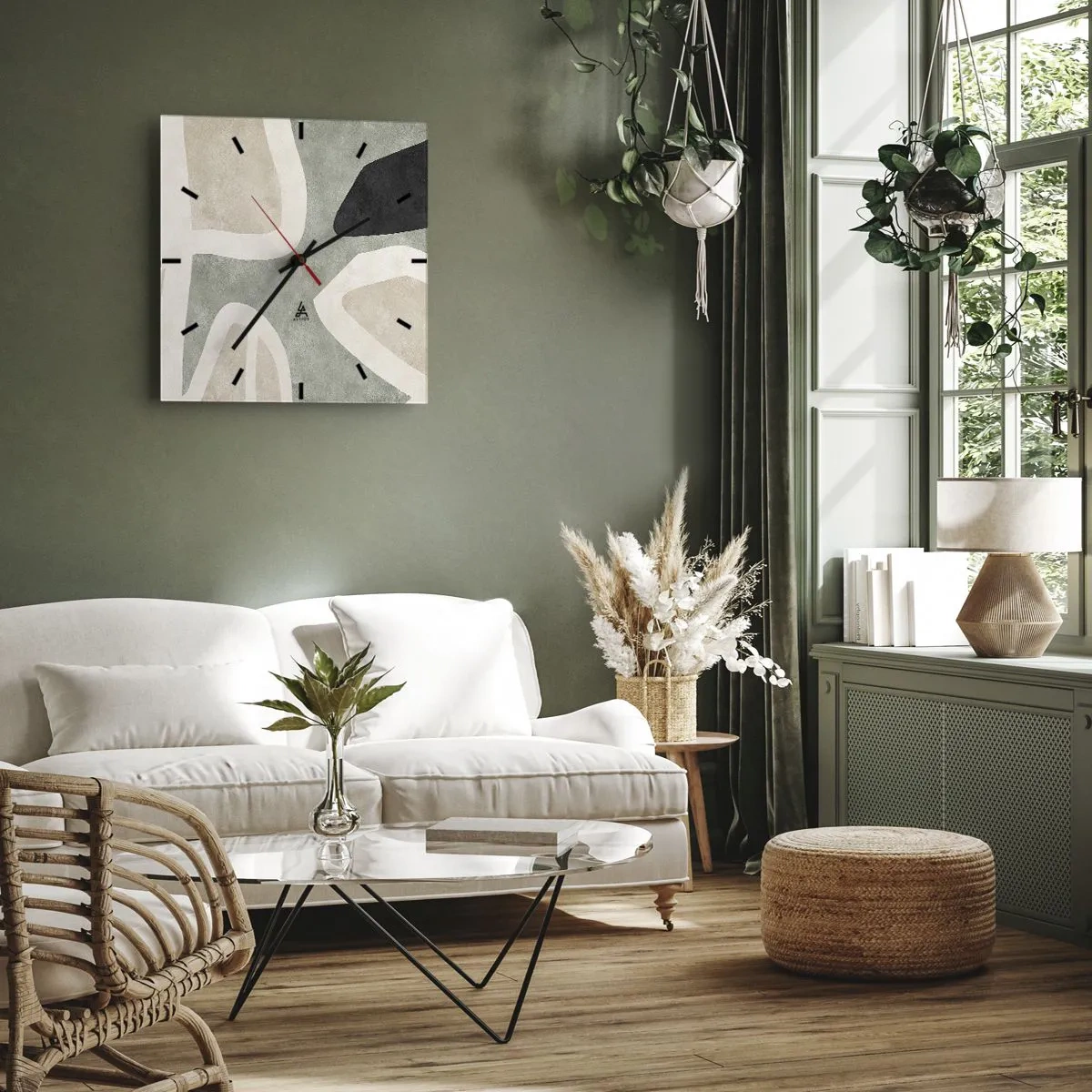 Ceas de perete - Ceas pe sticlă - Compoziție cu motiv negru - 30x30 cm