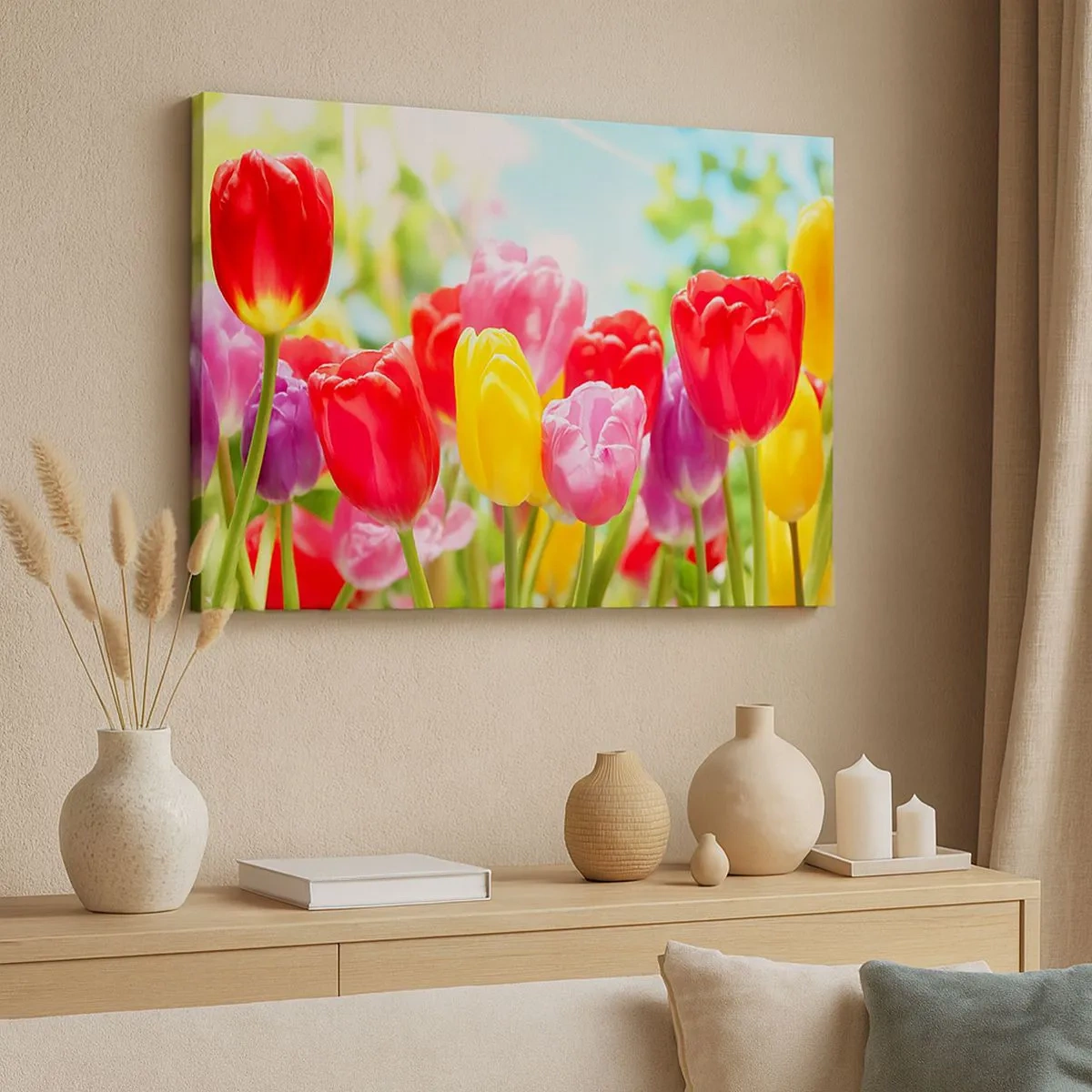 Tablou pe pânză Canvas - Lalele colorate în plină floare pe un fundal de primăvară - 70x50cm - Așa suntem noi, culorile lunii mai! - Decorațiune modernă pentru perete pentru living și dormitor ARTTOR