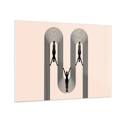 Tablou pe sticlă - Siluete negre ale unor figuri suspendate în arcuri ritmice - 70x50cm - Cu susul în jos - Decorațiune modernă pentru perete pentru living și dormitor ARTTOR