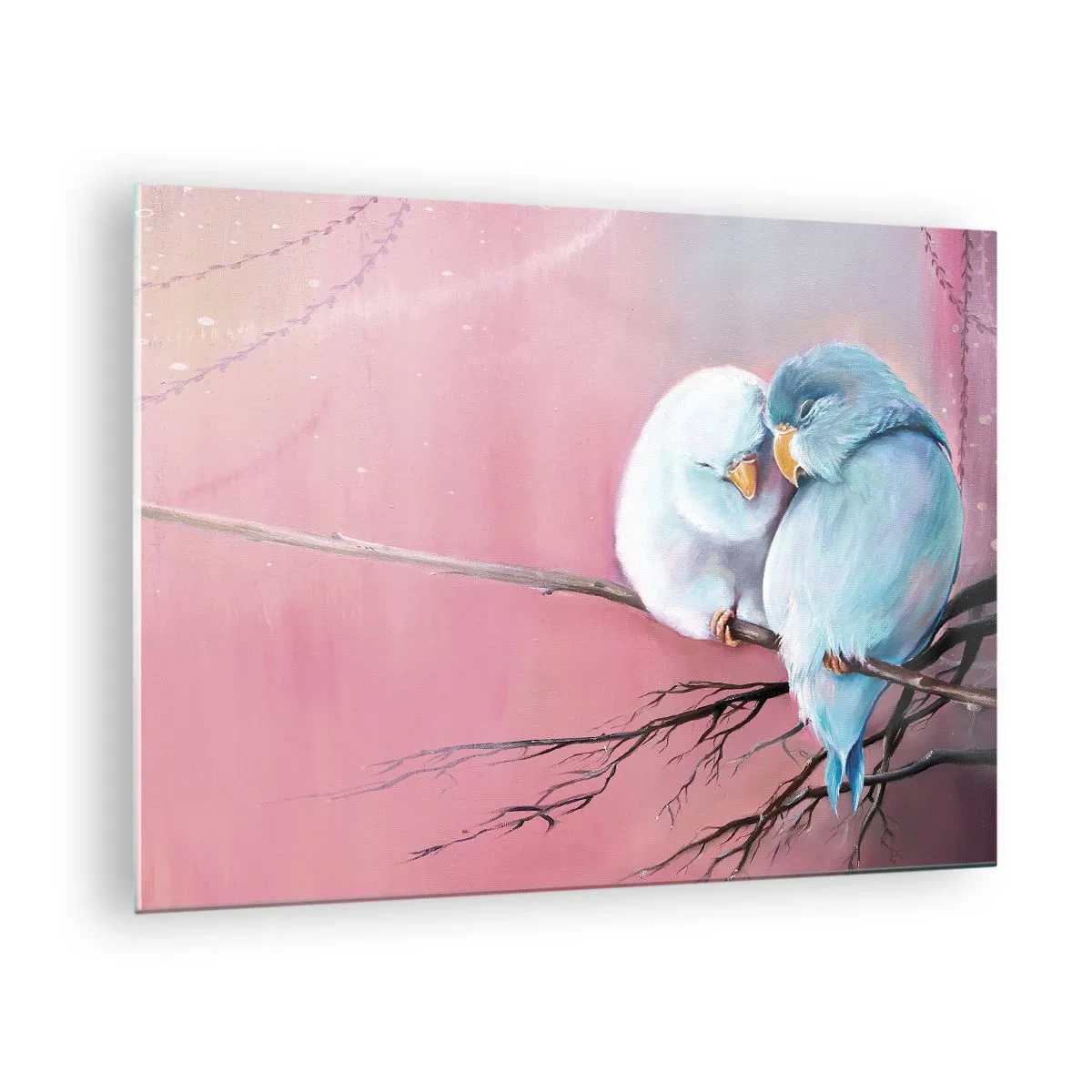 Tablou pe sticlă - Două porumbei îndrăgostiți așezați pe o creangă pe un fundal roz - 70x50cm - Ce mai este de adăugat?... - Decorațiune modernă pentru perete pentru living și dormitor ARTTOR