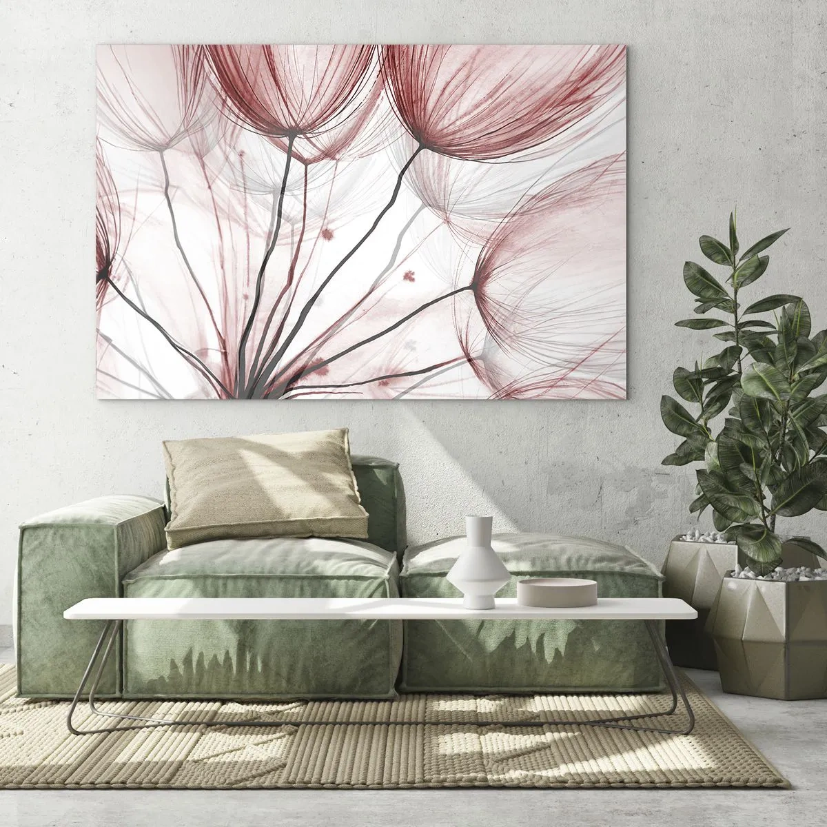 Tablou pe sticlă - Păpădii subtile în nuanțe de roz și negru - 70x50cm - Înainte de plecare - Decorațiune modernă pentru perete pentru living și dormitor ARTTOR