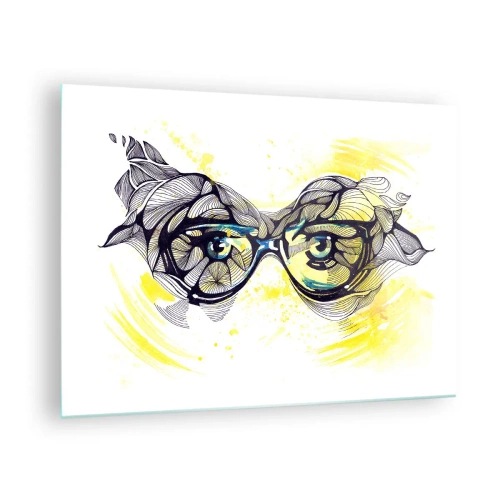 Tablou pe sticlă - Ochelari cu modele artistice și ochi pe un fundal galben - 70x50cm - Prin ochelari albaștri - Decorațiune modernă pentru perete pentru living și dormitor ARTTOR