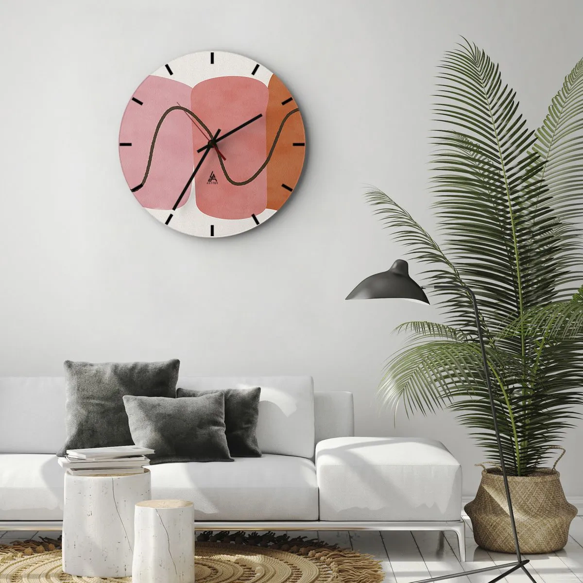 Ceas de perete - Ceas pe sticlă - Forme abstracte în nuanțe de roz și portocaliu cu linii ondulate - 30x30cm - Mișcarea blândă a formelor - Decorațiune modernă pentru perete pentru living, bucătărie și dormitor ARTTOR