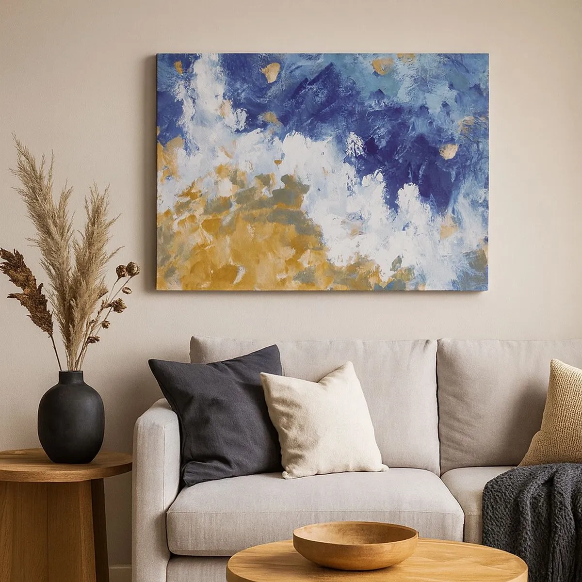 Tablou pe pânză Canvas - Abstracție în nuanțe de albastru, alb și auriu - 70x50cm - Dansul elementelor - Decorațiune modernă pentru perete pentru living și dormitor ARTTOR