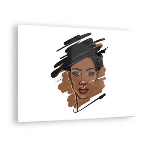 Tablou pe sticlă - Portretul unei femei de culoare într-un stil de schiță de modă - 70x50cm - Dulce ca ciocolata - Decorațiune modernă pentru perete pentru living și dormitor ARTTOR