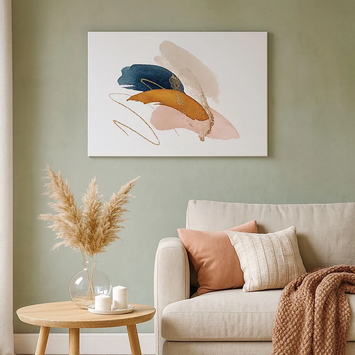 Tablou pe pânză Canvas - Linii abstracte în culori pastelate cu accente aurii - 70x50cm - Compoziție înaripată - Decorațiune modernă pentru perete pentru living și dormitor ARTTOR