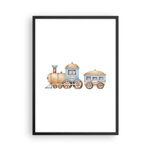 Poster în ramă neagră - Tren în acuarelă în nuanțe de albastru și bej - 50x70cm - Trenulețul din copilărie - Decorațiune modernă pentru perete pentru living și dormitor ARTTOR