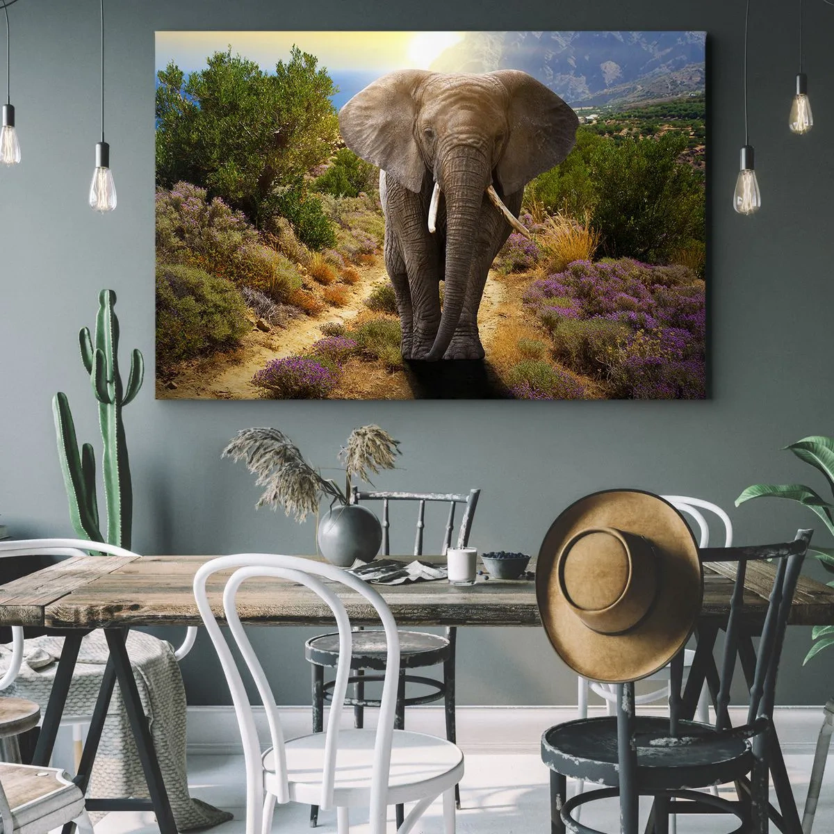 Tablou pe pânză Canvas - Un elefant african pe fundalul unui peisaj montan și de savană - 70x50cm - Iată cum arăta Edenul - Decorațiune modernă pentru perete pentru living și dormitor ARTTOR