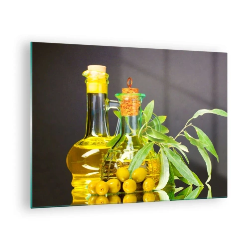 Tablou pe sticlă - Sticle de ulei de măsline și o ramură cu măsline pe fundal - 70x50cm - Natură moarte cu măsline și ulei - Decorațiune modernă pentru perete pentru living și dormitor ARTTOR