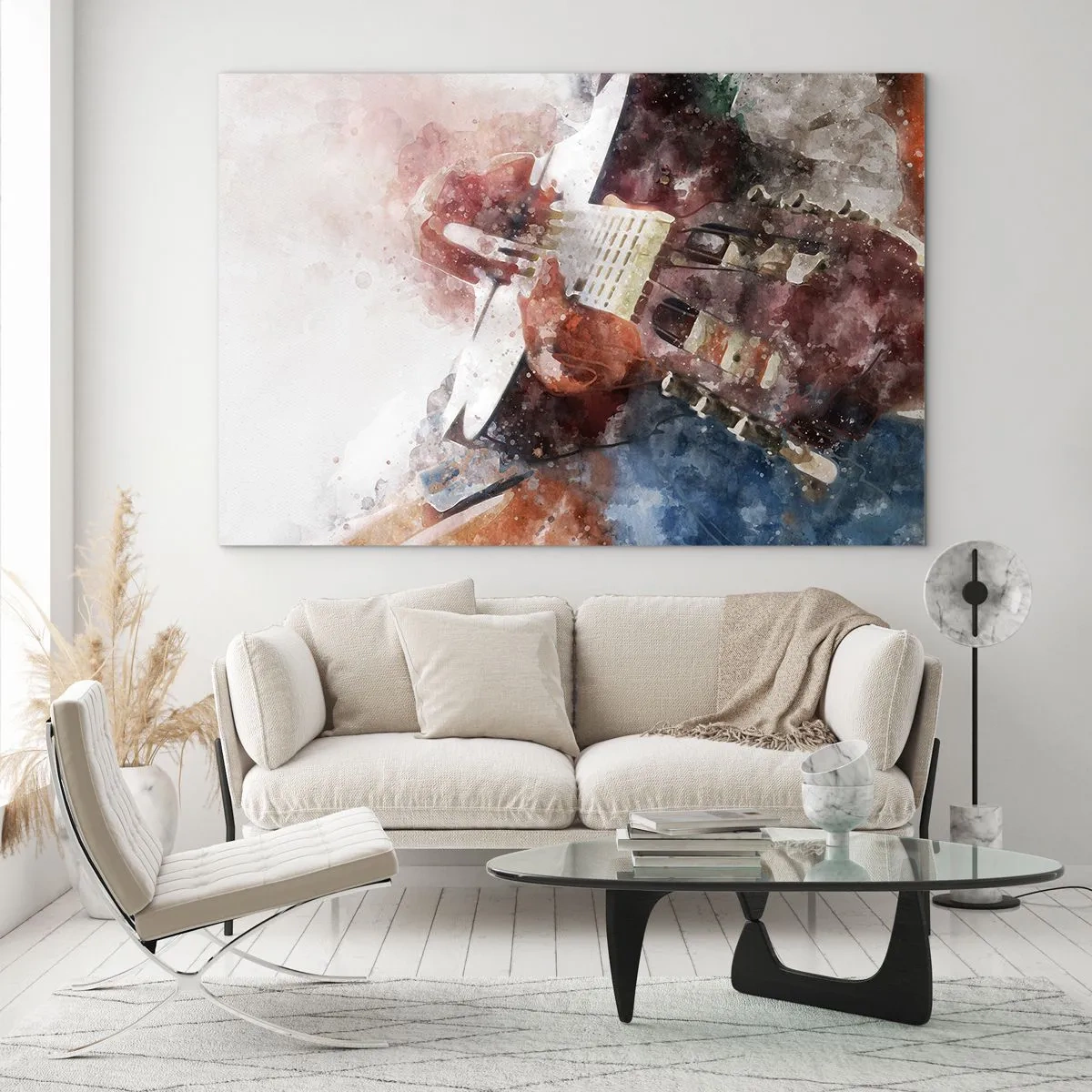 Tablou pe sticlă - O pictură în acuarelă a unui chitarist artistic - 70x50cm - Și ce părere ai? - Decorațiune modernă pentru perete pentru living și dormitor ARTTOR