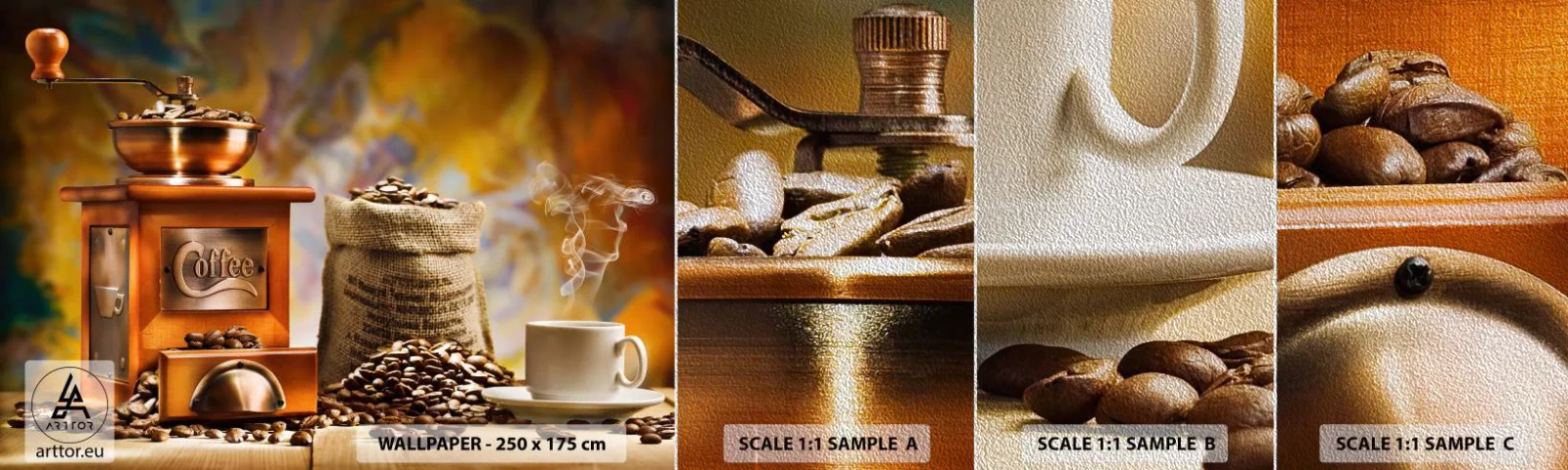 Mostră tapet Premium Sand - Zdrăngănitul boabelor, zgomotul morii - Gastronomie, Cafea, Râșniță de cafea - 100x30 cm