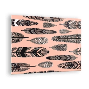 Tablou pe sticlă - Pene decorative cu modele alb-negru pe fundal roz - 70x50cm - Colecție indiană - Decorațiune modernă pentru perete pentru living și dormitor ARTTOR