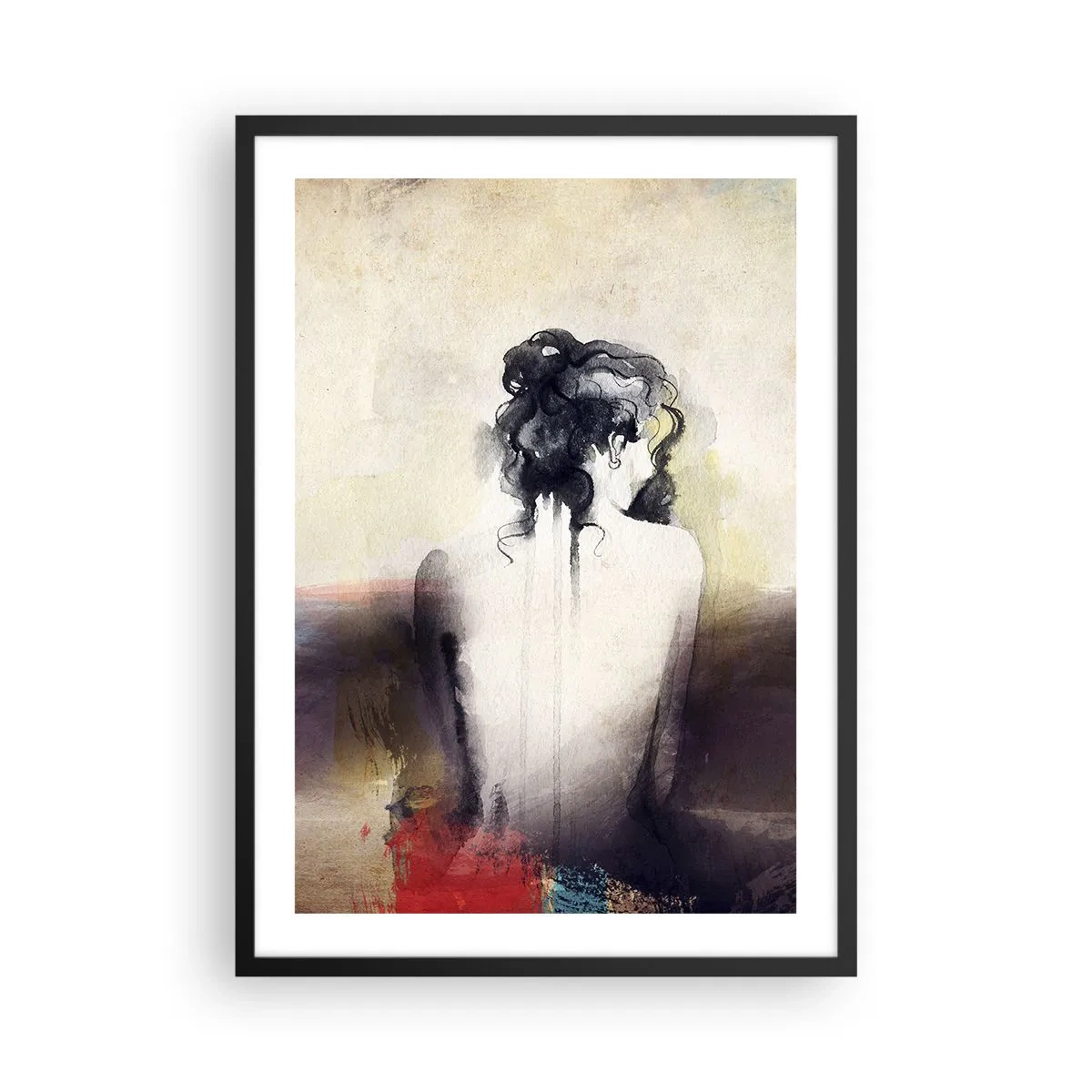 Poster în ramă neagră - Un portret artistic al unei femei din spate, în culori estompate. - 50x70cm - Linii moi, forme ovale - Decorațiune modernă pentru perete pentru living și dormitor ARTTOR