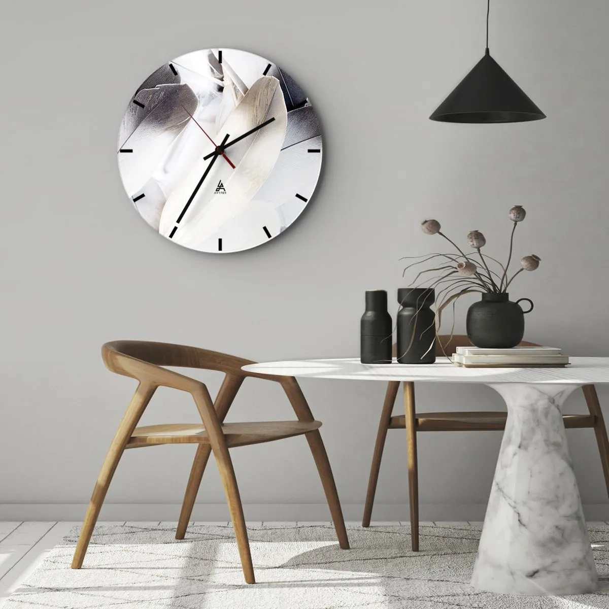 Ceas de perete - Ceas pe sticlă - Pene delicate și strălucitoare într-o compoziție artistică - 30x30cm - Aproape angelice - Decorațiune modernă pentru perete pentru living, bucătărie și dormitor ARTTOR