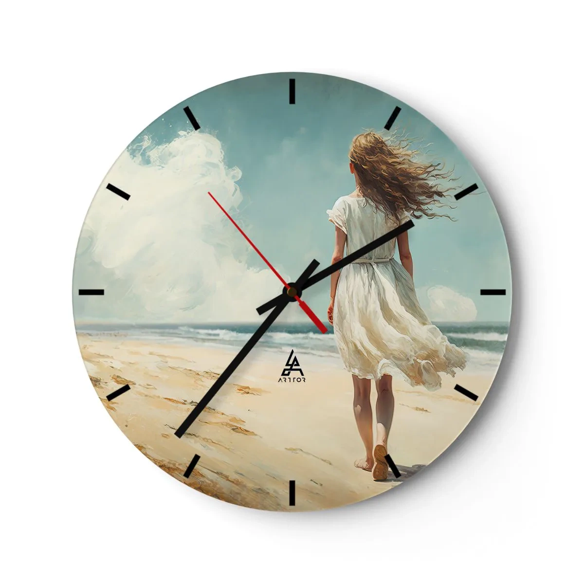 Ceas de perete - Ceas pe sticlă - O femeie într-o rochie albă mergând desculță pe plajă - 30x30cm - Vreau să întâlnesc soarele și vântul - Decorațiune modernă pentru perete pentru living, bucătărie și dormitor ARTTOR