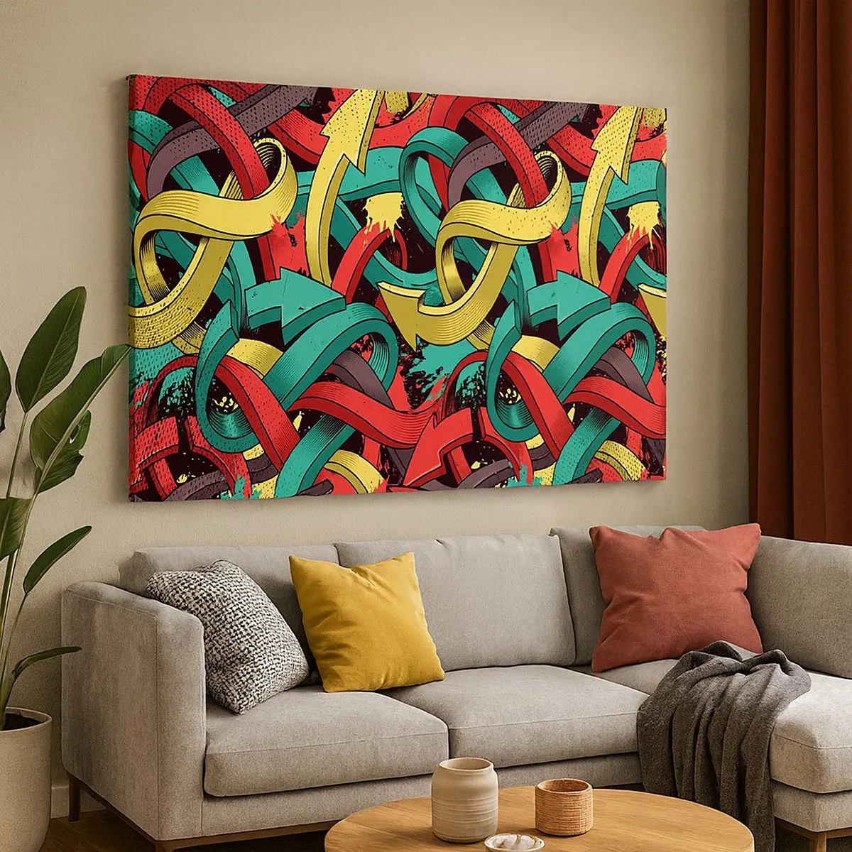 Tablou pe pânză Canvas - Săgeți abstracte în culori vibrante creând haos - 70x50cm - Pe unde să mergem? - Decorațiune modernă pentru perete pentru living și dormitor ARTTOR
