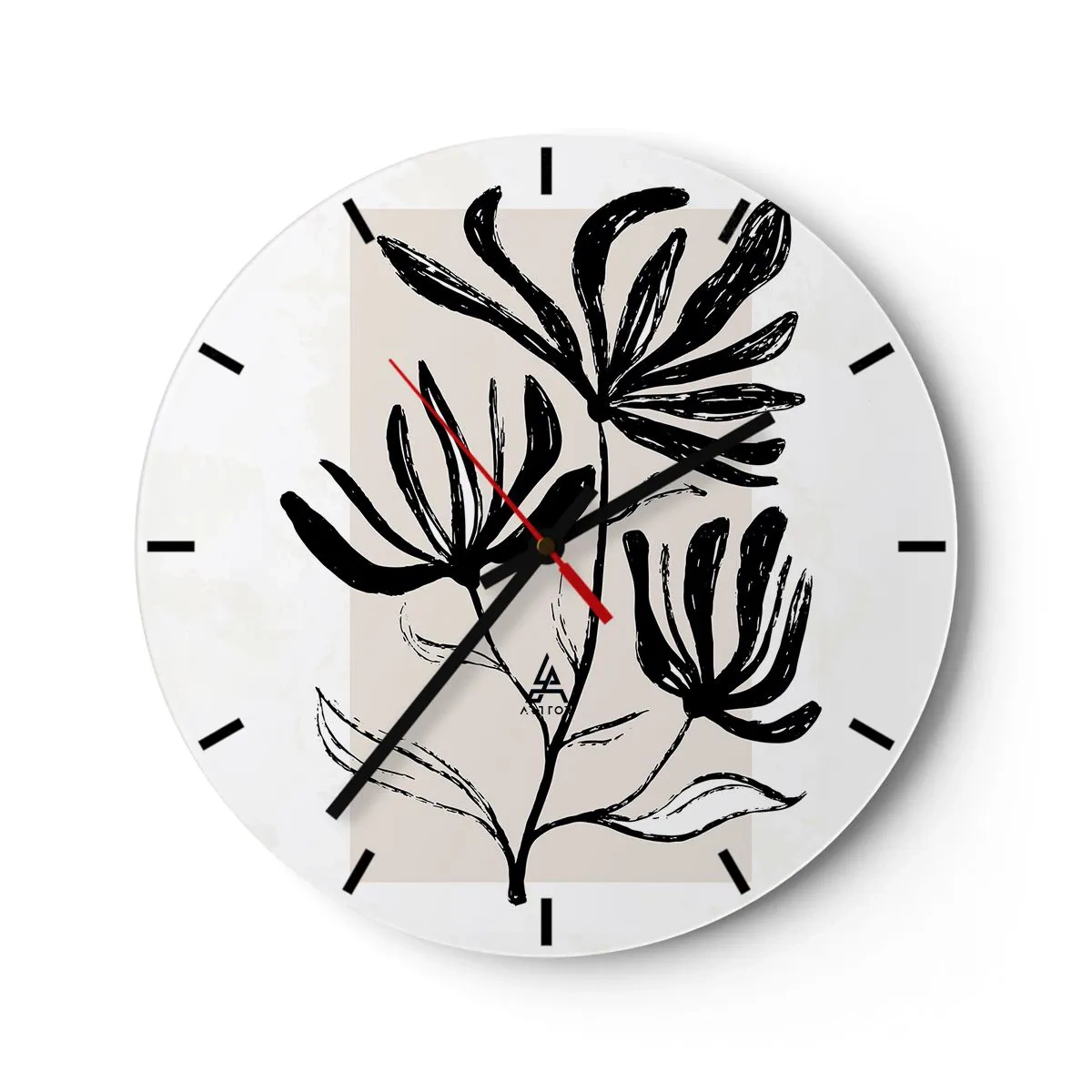 Ceas de perete - Ceas pe sticlă - O schiță neagră a unei plante pe un fundal deschis cu un accent bej. - 30x30cm - Schiță pentru ierbar - Decorațiune modernă pentru perete pentru living, bucătărie și dormitor ARTTOR