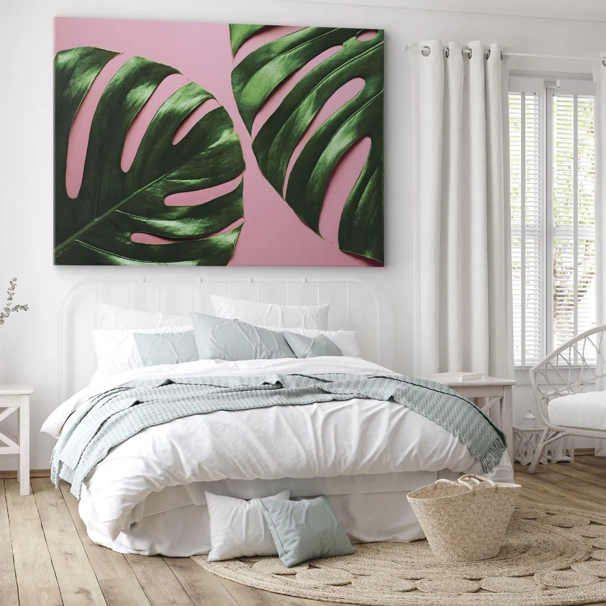 Tablou pe pânză Canvas - Frunze verzi de monstera pe fundal roz - 70x50cm - Întâlnire verde - Decorațiune modernă pentru perete pentru living și dormitor ARTTOR