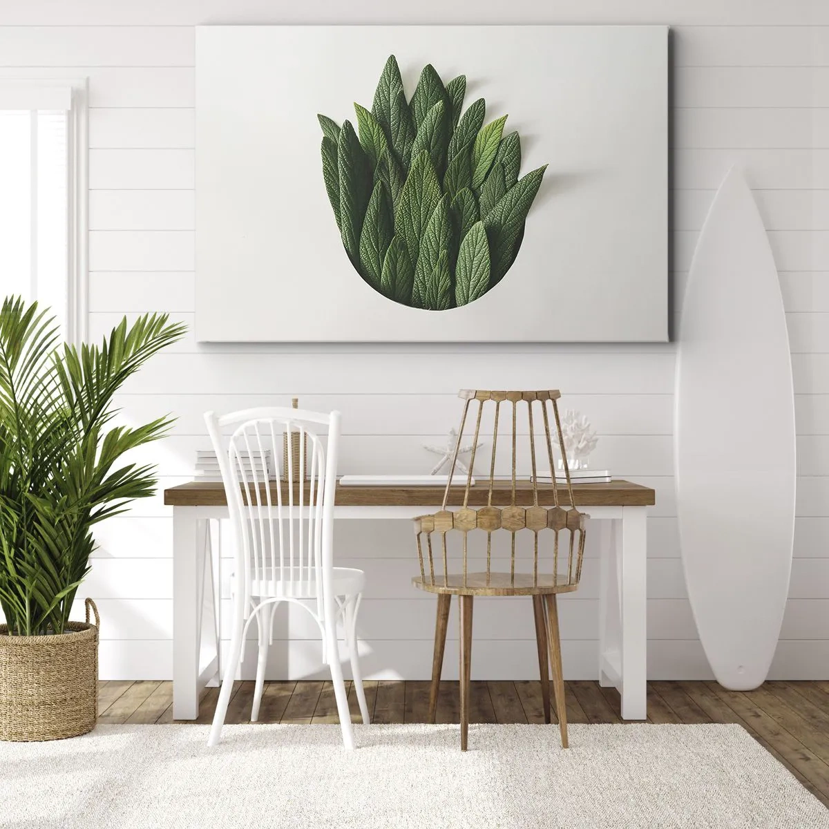 Tablou pe pânză Canvas - O compoziție de frunze verzi pe un fundal deschis - 70x50cm - Curiozitatea nestăvilită - Decorațiune modernă pentru perete pentru living și dormitor ARTTOR