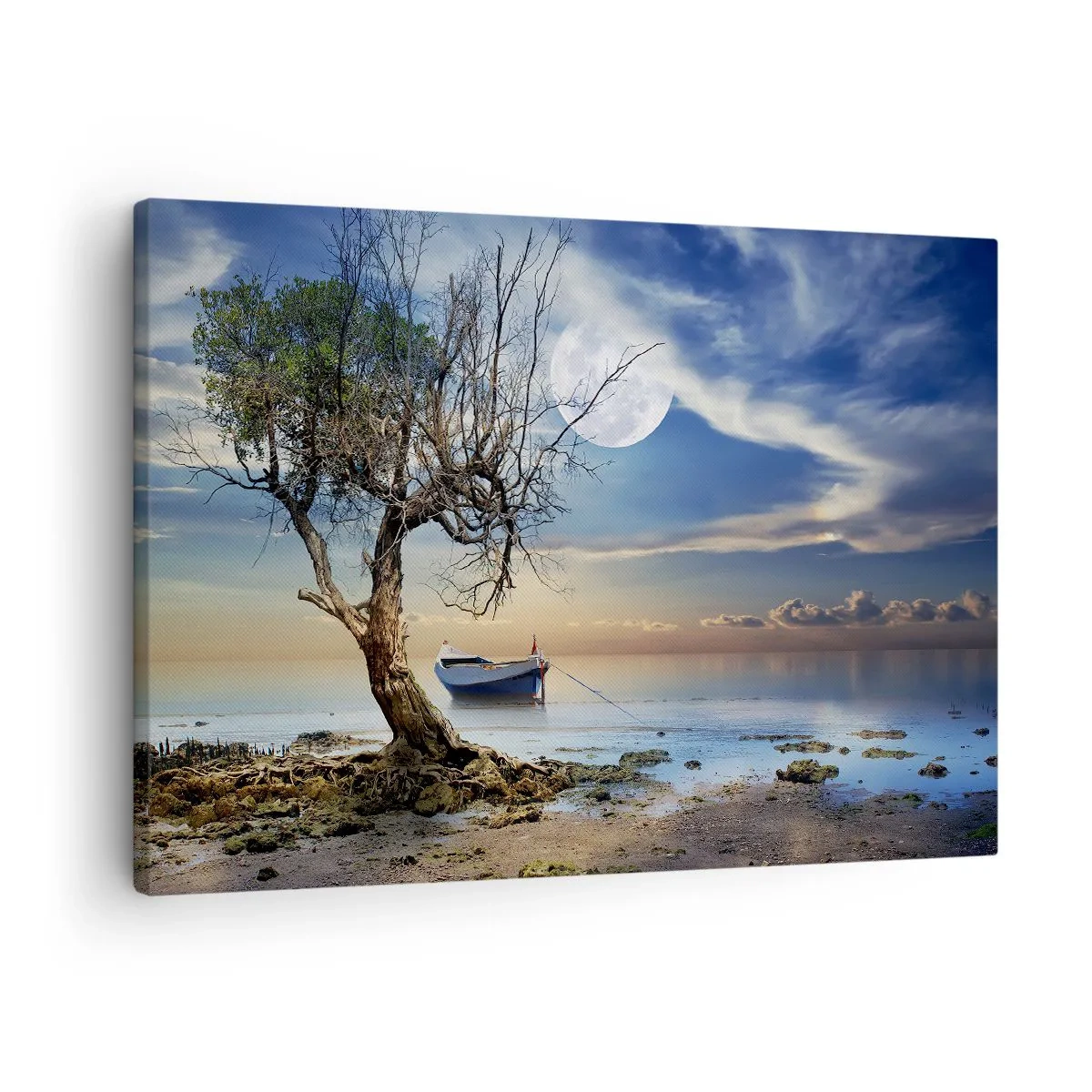 Tablou pe pânză Canvas - Un copac singuratic și o barcă pe ape calme sub lună plină. - 70x50cm - Este acesta sfârșitul sau începutul? - Decorațiune modernă pentru perete pentru living și dormitor ARTTOR