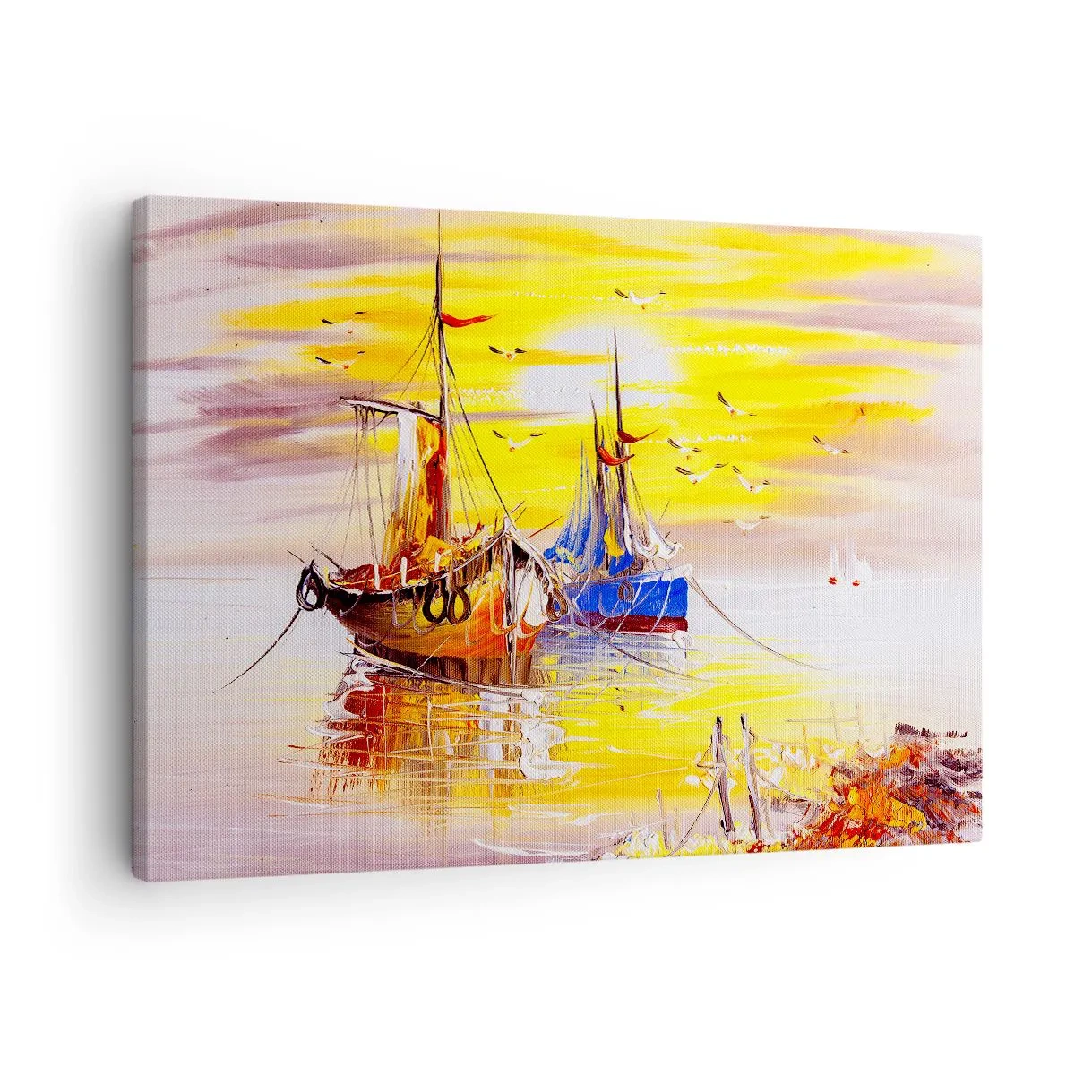 Tablou pe pânză Canvas - O scenă picturală cu bărci pe o mare calmă - 70x50cm - O binemeritată odihnă în port - Decorațiune modernă pentru perete pentru living și dormitor ARTTOR