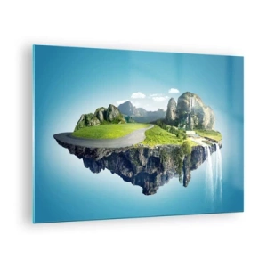 Tablou pe sticlă - O insulă plutitoare cu munți, o cascadă și verdeață - 70x50cm - Insula fantastică - Decorațiune modernă pentru perete pentru living și dormitor ARTTOR