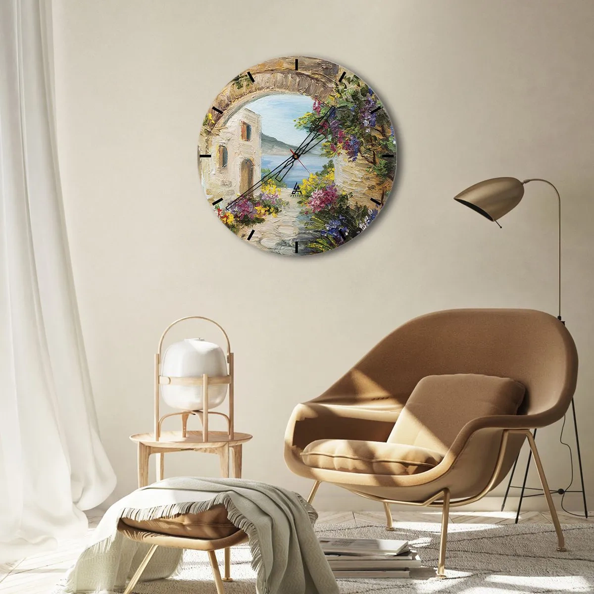 Ceas de perete - Ceas pe sticlă - O stradă atmosferică cu flori și vedere la mare - 30x30cm - Farmecul peisajului de coastă - Decorațiune modernă pentru perete pentru living, bucătărie și dormitor ARTTOR