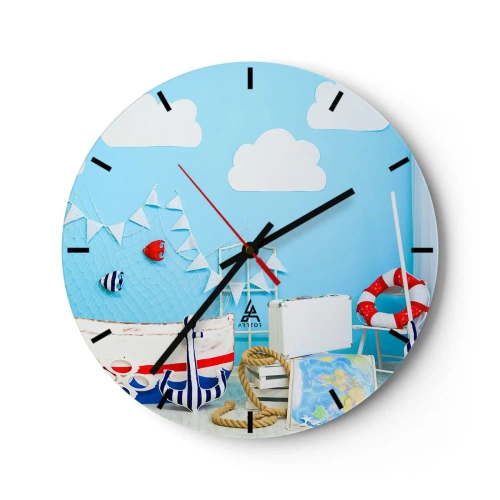 Ceas de perete - Ceas pe sticlă - Temă nautică cu fundal albastru - 30x30cm - Dorința copilărească de aventură - Decorațiune modernă pentru perete pentru living, bucătărie și dormitor ARTTOR