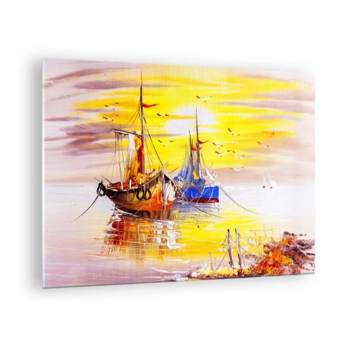 Tablou pe sticlă - Bărci de pescuit la apus pe ape calme - 70x50cm - O binemeritată odihnă în port - Decorațiune modernă pentru perete pentru living și dormitor ARTTOR