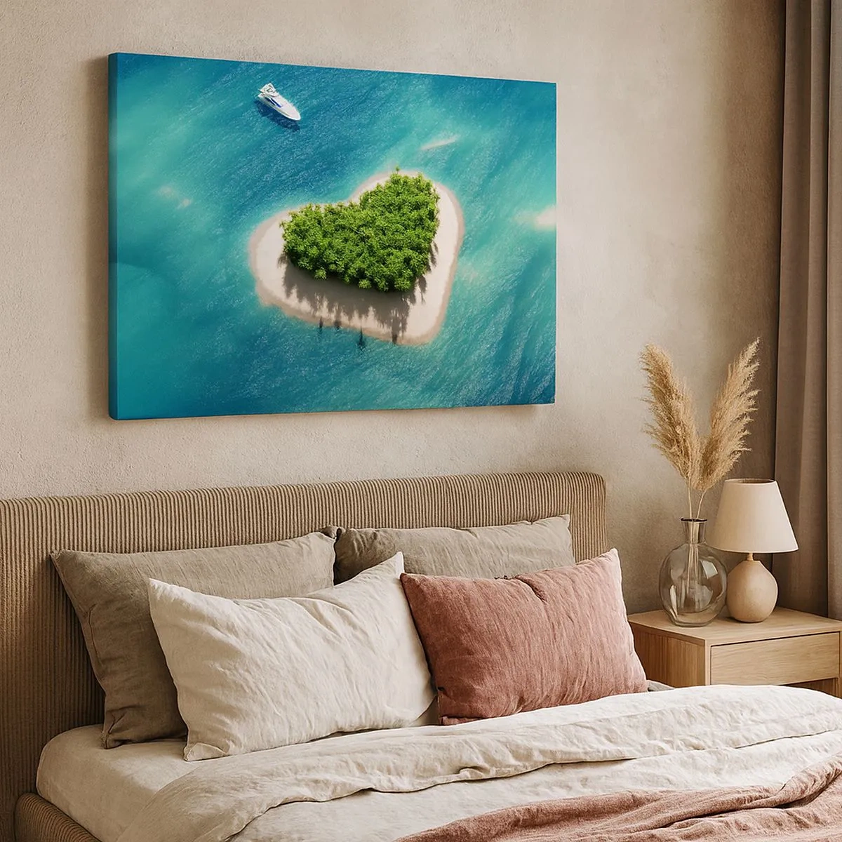 Tablou pe pânză Canvas - O insulă romantică în formă de inimă într-o mare turcoaz - 70x50cm - Iubesc vara - Decorațiune modernă pentru perete pentru living și dormitor ARTTOR