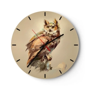 Ceas de perete - Ceas pe sticlă - Portret artistic al unei bufnițe pe un fundal bej - 30x30cm - Cea mai inteligentă bufniță - confirmă stejarul - Decorațiune modernă pentru perete pentru living, bucătărie și dormitor ARTTOR