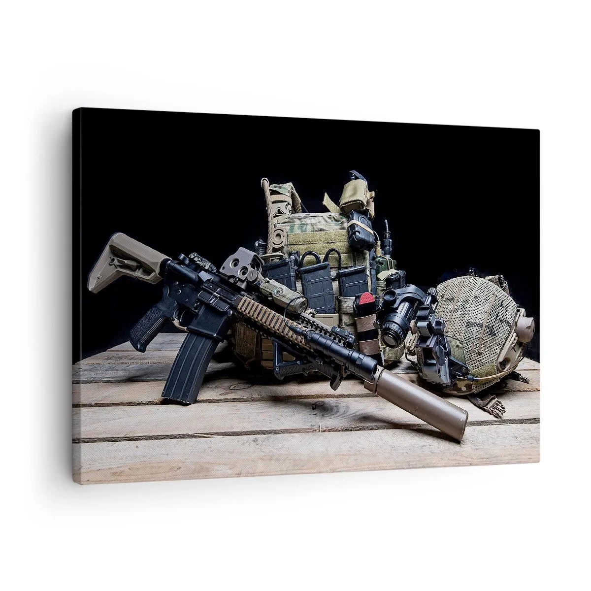 Tablou pe pânză Canvas - Echipament tactic cu o pușcă pe o masă de lemn - 70x50cm - Pe loc repaus! - Decorațiune modernă pentru perete pentru living și dormitor ARTTOR