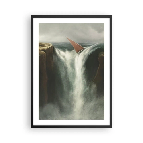 Poster în ramă neagră - O barcă cu pânze cade peste o cascadă într-un peisaj suprarealist. - 50x70cm - Precauțiile vieții - Decorațiune modernă pentru perete pentru living și dormitor ARTTOR