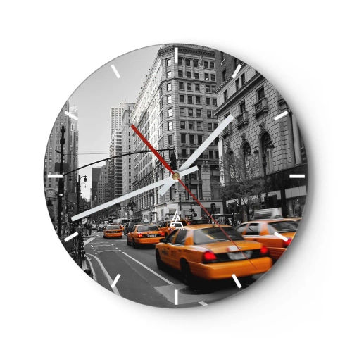 Ceas de perete - Ceas pe sticlă - Taxiuri galbene pe străzile orașului în nuanțe de gri - 30x30cm - Soarele marelui oraș - Decorațiune modernă pentru perete pentru living, bucătărie și dormitor ARTTOR