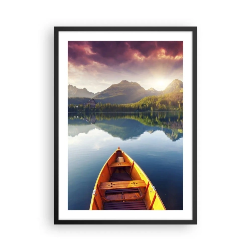 Poster în ramă neagră - O barcă pe un lac cu vedere la munte la apus - 50x70cm - Nimic împotriva naturii - Decorațiune modernă pentru perete pentru living și dormitor ARTTOR