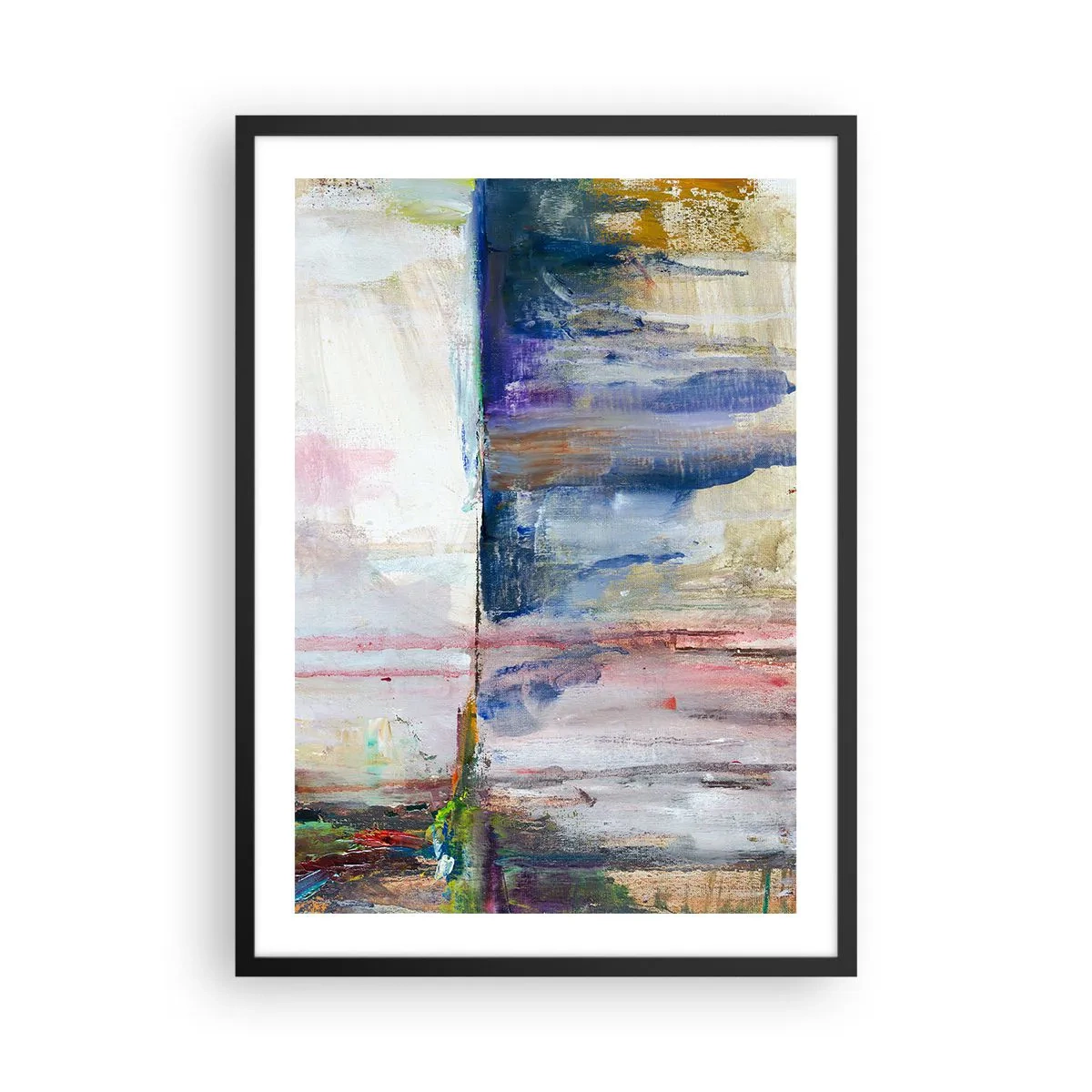 Poster în ramă neagră - O compoziție abstractă în nuanțe de albastru, bej și roz. - 50x70cm - Impresii și asociații colorate - Decorațiune modernă pentru perete pentru living și dormitor ARTTOR