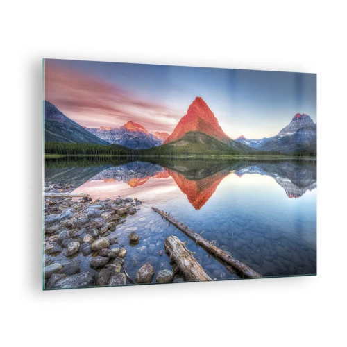 Tablou pe sticlă - Un vârf de munte reflectat într-un lac liniștit - 70x50cm - Căldură și frig - Decorațiune modernă pentru perete pentru living și dormitor ARTTOR