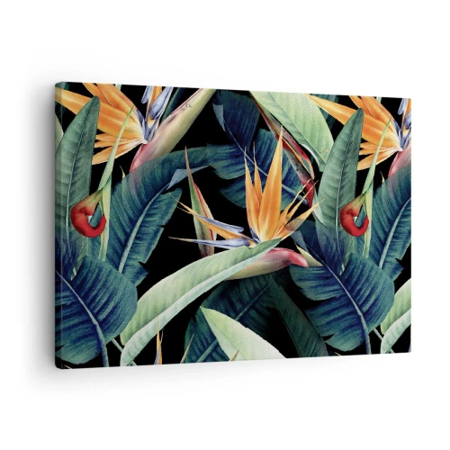 Tablou pe pânză Canvas - Flori și frunze tropicale pe fundal negru - 70x50cm - Florile de flacără ale tropicelor - Decorațiune modernă pentru perete pentru living și dormitor ARTTOR