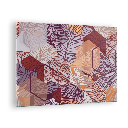 Tablou pe sticlă - Frunze grafice pe un fundal de forme geometrice - 70x50cm - Relația imposibilă dintre geometrie și natură - Decorațiune modernă pentru perete pentru living și dormitor ARTTOR