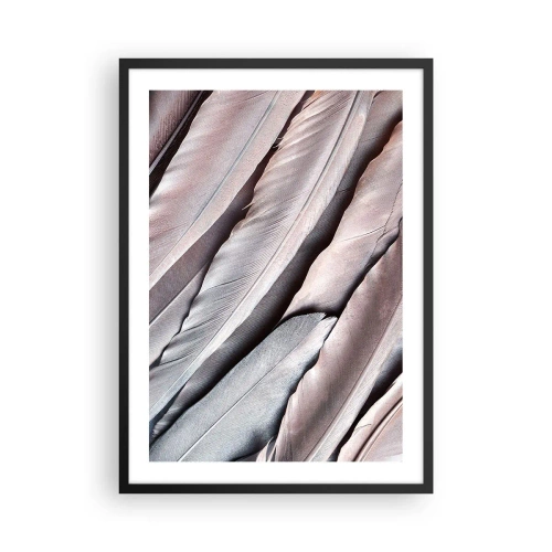 Poster în ramă neagră - Prim-plan al unor pene delicate, pastelate - 50x70cm - Argintul roz - Decorațiune modernă pentru perete pentru living și dormitor ARTTOR
