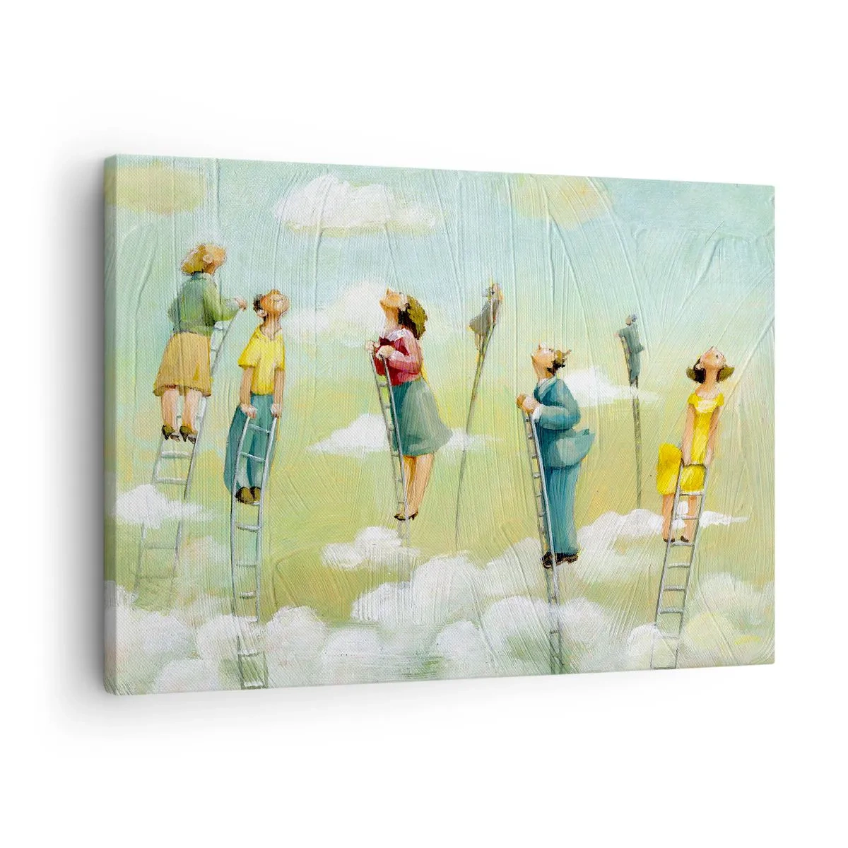 Tablou pe pânză Canvas - Figuri urcând scări printre nori pe un fundal pastel. - 70x50cm - Urmează-ți visul - Decorațiune modernă pentru perete pentru living și dormitor ARTTOR