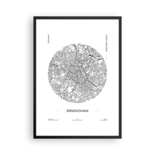 Poster în ramă neagră - O hartă minimalistă alb-negru a orașului Birmingham - 50x70cm - Anatomia Birmingham - Decorațiune modernă pentru perete pentru living și dormitor ARTTOR