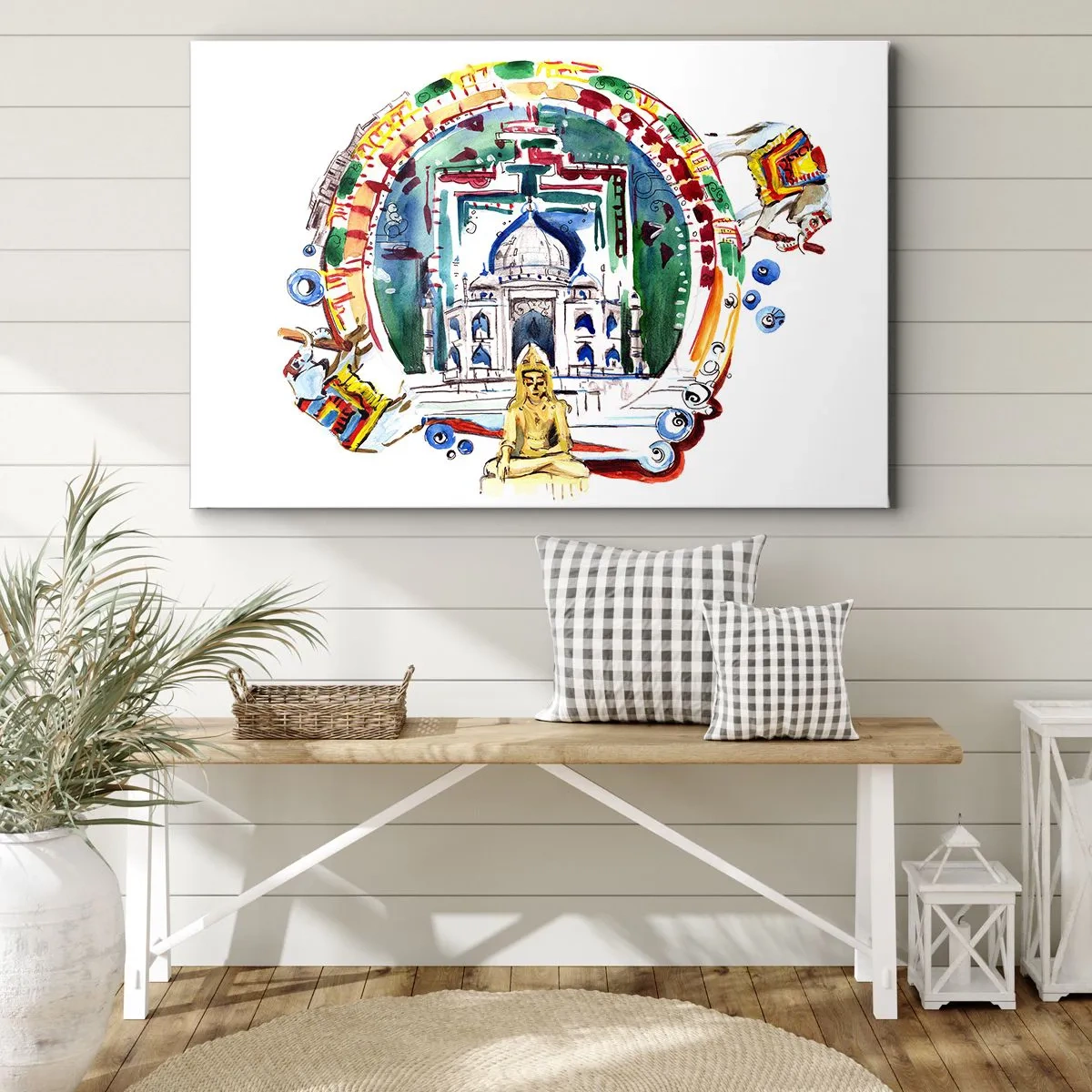 Tablou pe pânză Canvas - O ilustrație colorată a arhitecturii indiene - 70x50cm - Echilibrul hindus al lumii - Decorațiune modernă pentru perete pentru living și dormitor ARTTOR