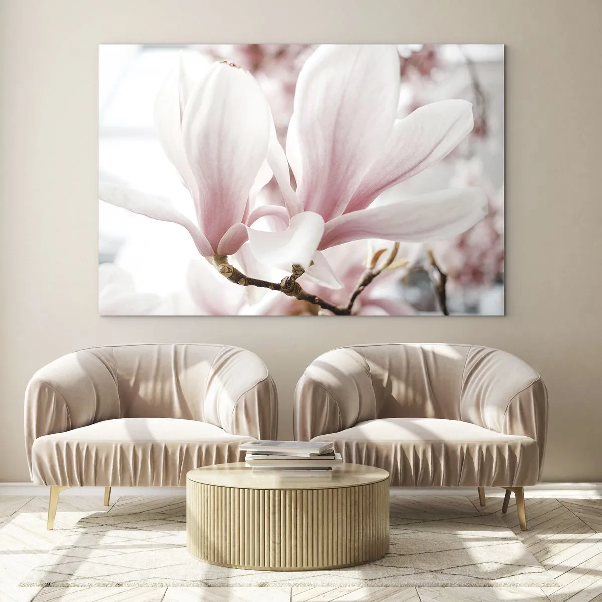 Tablou pe sticlă - Magnolii roz delicate în prim-plan pe un fundal neclar - 70x50cm - Imensitatea sensibilității - Decorațiune modernă pentru perete pentru living și dormitor ARTTOR
