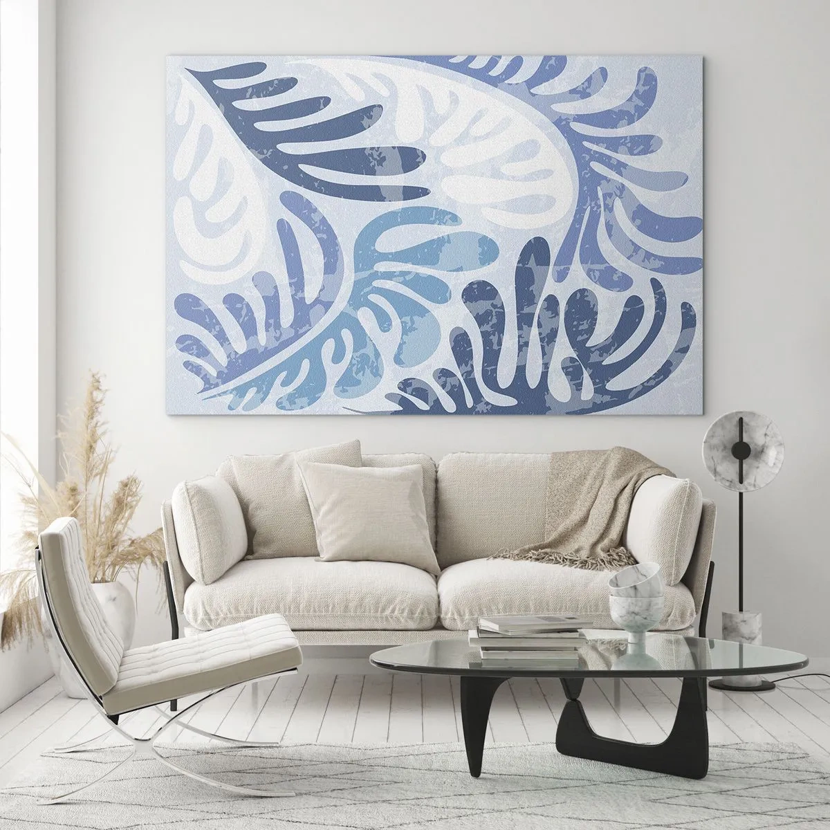 Tablou pe sticlă - Frunze decorative de ferigă în nuanțe de albastru pe un fundal deschis - 70x50cm - Ferigi albastre - Decorațiune modernă pentru perete pentru living și dormitor ARTTOR
