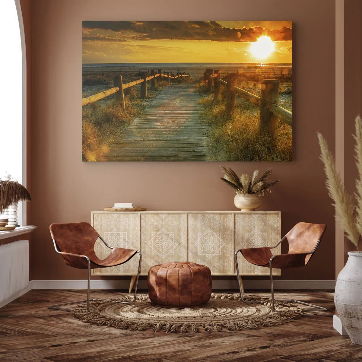 Tablou pe pânză Canvas - O potecă de lemn care duce la plajă în strălucirea soarelui care apune - 70x50cm - Scăldat în aur vechi - Decorațiune modernă pentru perete pentru living și dormitor ARTTOR