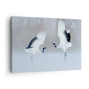 Tablou pe pânză Canvas - Două cocori dansând într-un peisaj cețos - 70x50cm - Dansând în ceață - Decorațiune modernă pentru perete pentru living și dormitor ARTTOR