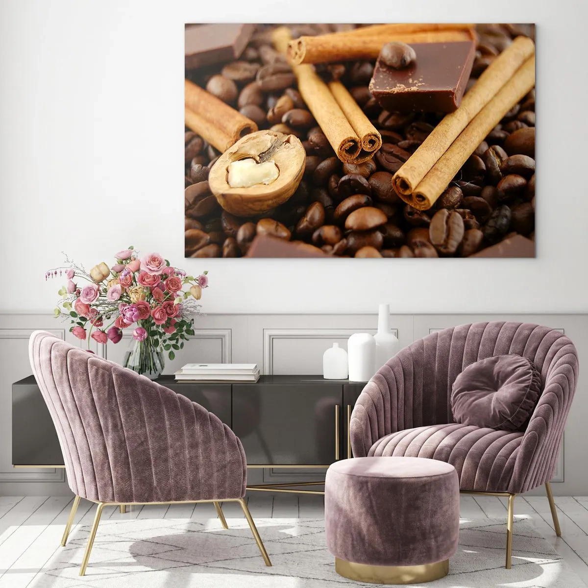 Tablou pe sticlă - Prim-plan cu cafea, scorțișoară, ciocolată și nuci - 70x50cm - Concert de arome - Decorațiune modernă pentru perete pentru living și dormitor ARTTOR